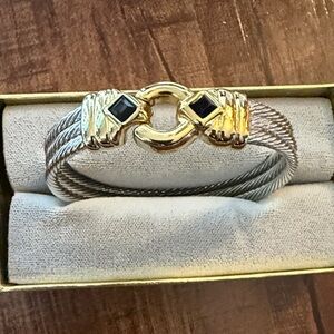 Two-Tone Silver and Gold Cable Bracelet with Black Accent Stones